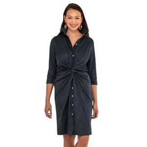 Gretchen Scott twist and shout shirt dress in navy ultra suede 3/4 sleeve